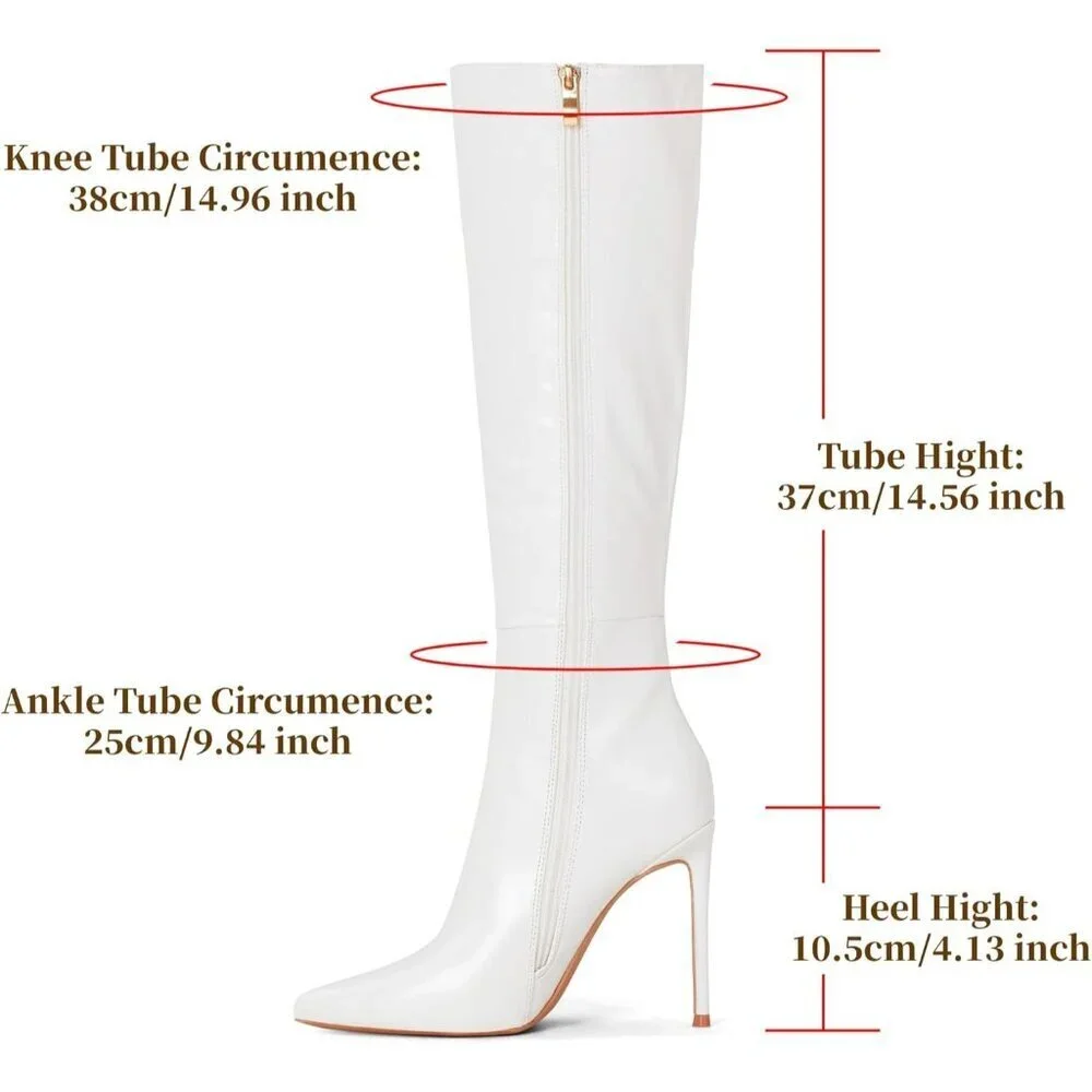Women's White Leather Suede Knee High Stiletto Tall Pointed Toe Stylish Boot